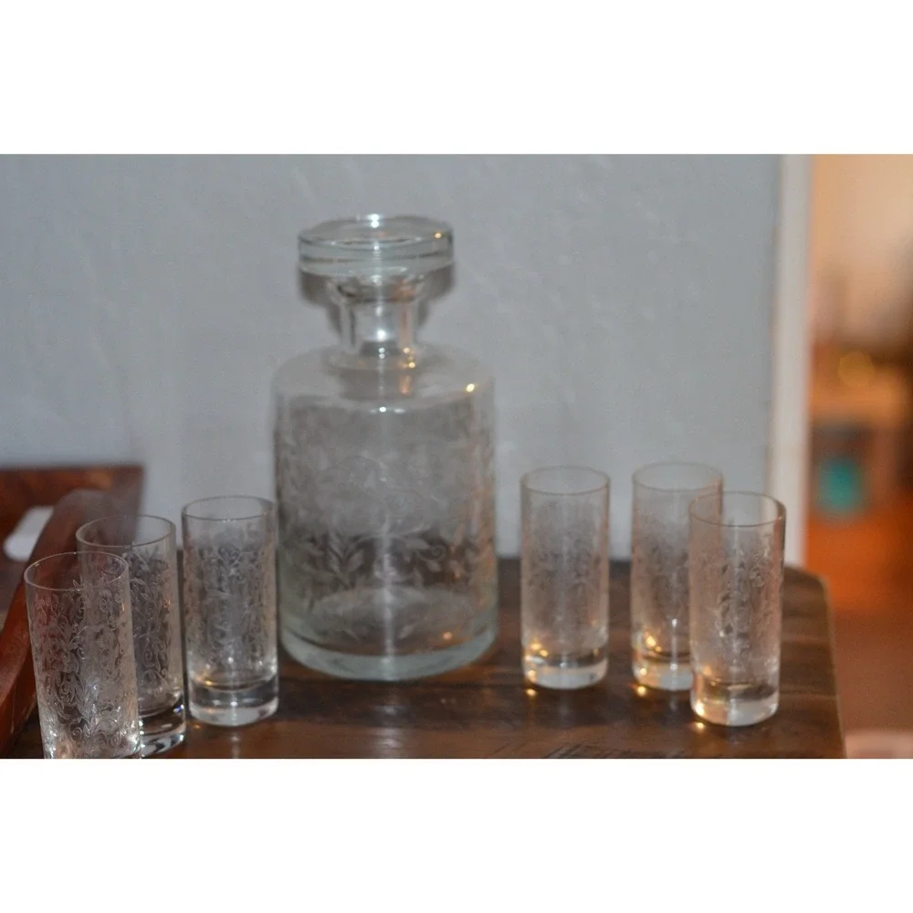 Vintage Etched Glass Liquor Decanter W/ 6 Matching Cordial Glasses- Floral Vine